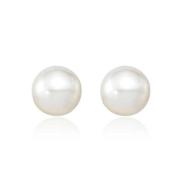 14K Solid White Gold 9mm Round South Sea Saltwater Cultured Pearl Stud Earrings