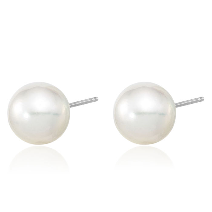 14K Solid White Gold 9mm Round South Sea Saltwater Cultured Pearl Stud Earrings