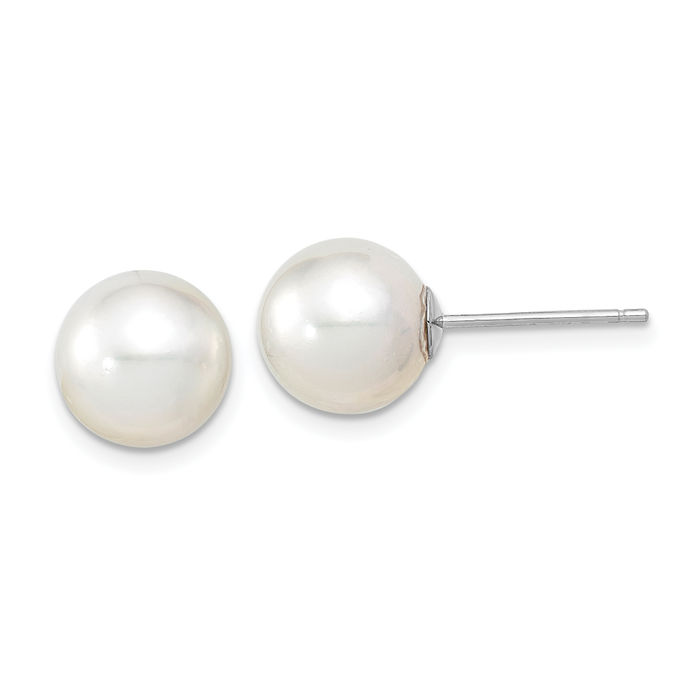 14K Solid White Gold 9mm Round South Sea Saltwater Cultured Pearl Stud Earrings