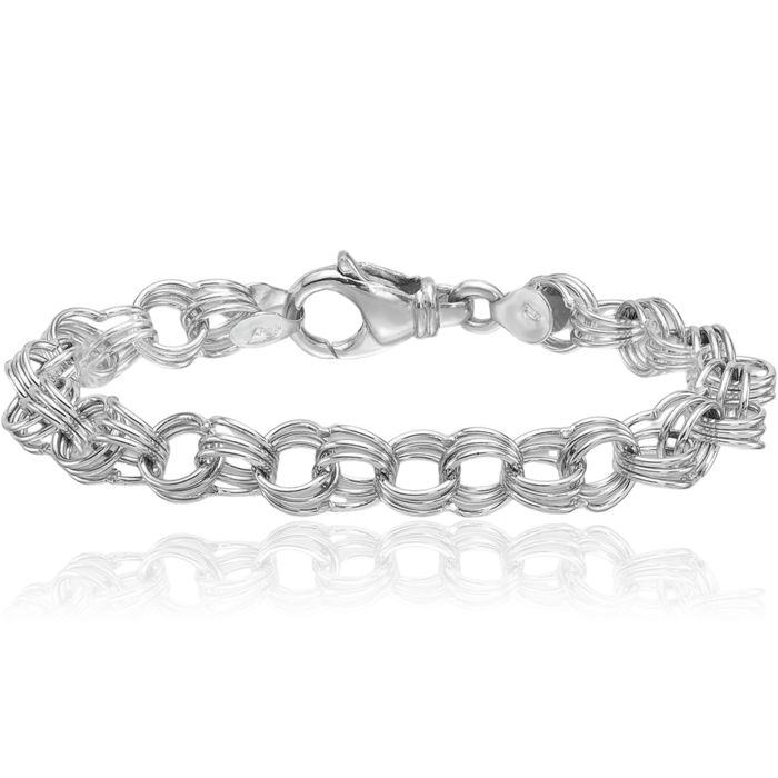 14K Solid White Gold 9mm Triple Link Charm Bracelet