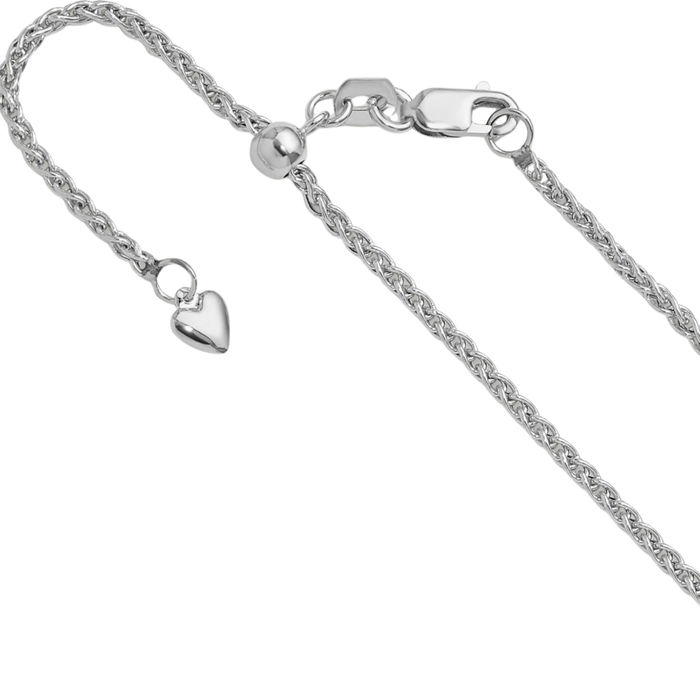 14K Solid White Gold Adjustable 1.6mm Spiga Wheat Link Chain Necklace