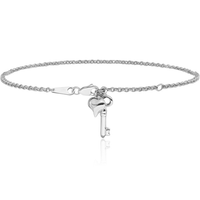 14K Solid White Gold Adjustable Heart Key Anklet Summer Beach Foot Ankle Bracelet