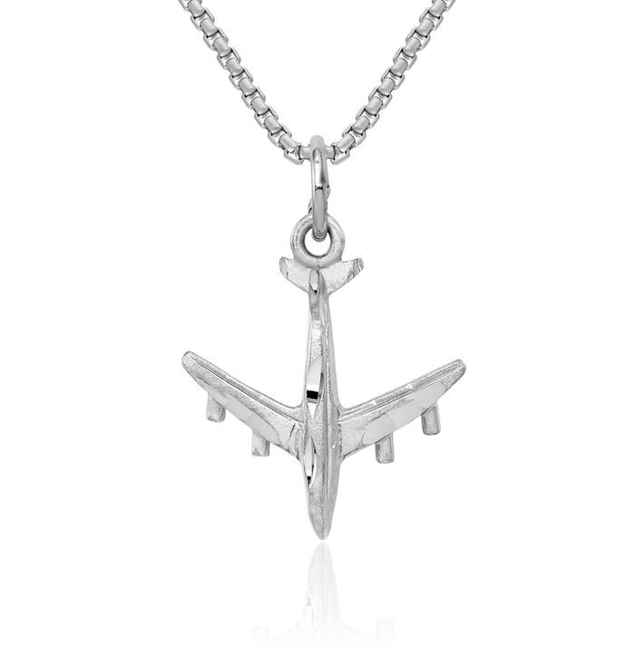 14K Solid White Gold Airplane Necklace Chain Pendant Charm