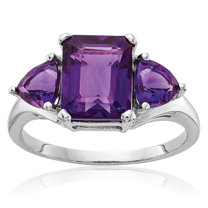 14K Solid White Gold Purple Amethyst 3 Stone Ring Gemstone Band February Birthstone Jewelry