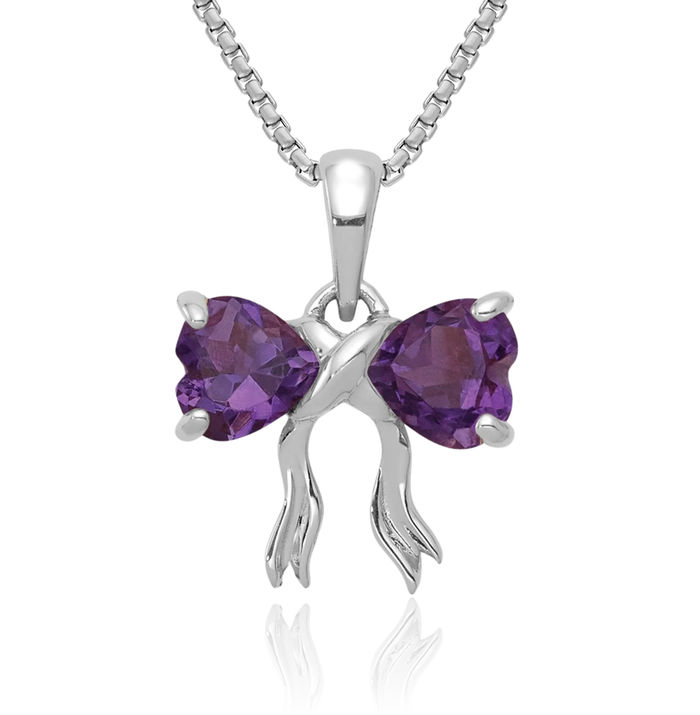 14K Solid White Gold Purple Amethyst Bow Necklace Heart Gemstone Pendant Charm February Birthstone Jewelry