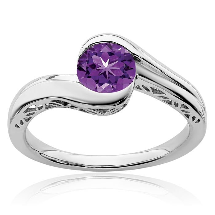 14K Solid White Gold Purple Amethyst Bypass Ring Gemstone Band February Birthstone Jewelry