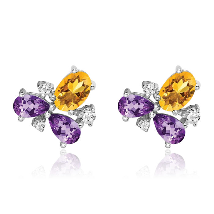 14K Solid White Gold Purple Amethyst Yellow Orange Citrine Diamond Studs Gemstone Earrings