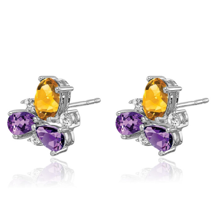 14K Solid White Gold Purple Amethyst Yellow Orange Citrine Diamond Studs Gemstone Earrings