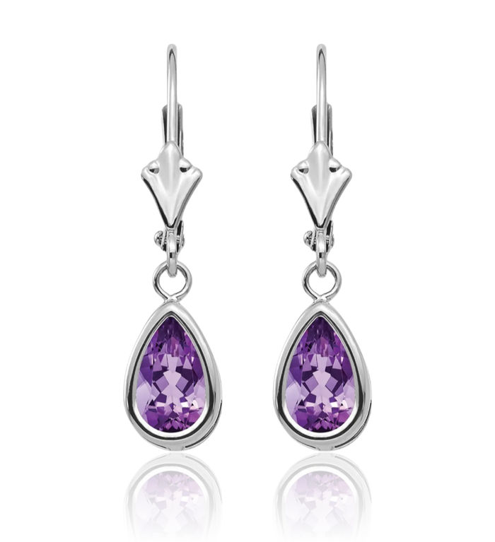 14K Solid White Gold Purple Amethyst Drop Dangle Earrings Pear Teardrop Gemstone February Birthstone Jewelry