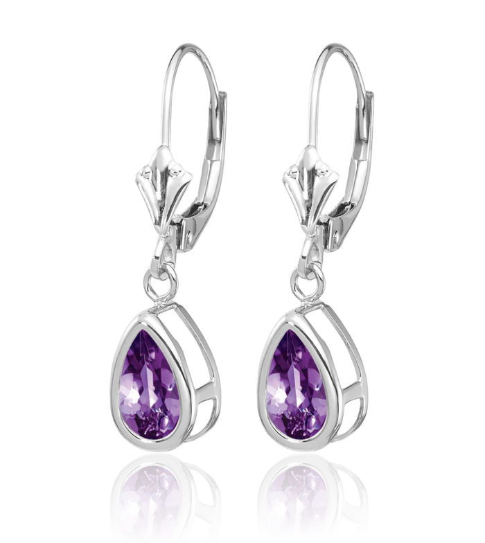 14K Solid White Gold Purple Amethyst Drop Dangle Earrings Pear Teardrop Gemstone February Birthstone Jewelry