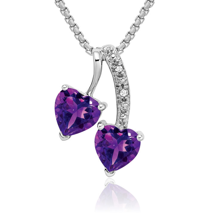 14K Solid White Gold Purple Amethyst Diamond 2 Heart Necklace Charm Gemstone Pendant