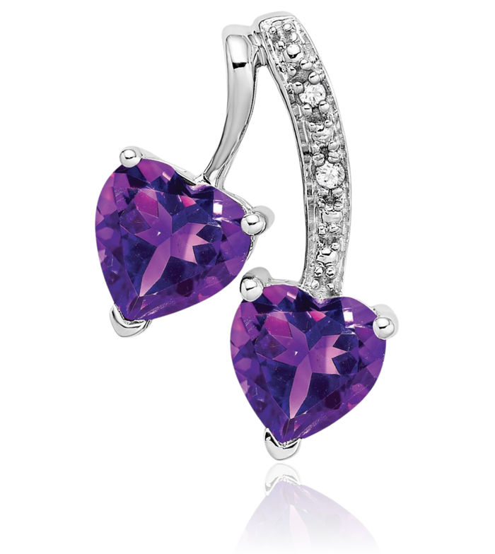 14K Solid White Gold Purple Amethyst Diamond 2 Heart Necklace Charm Gemstone Pendant