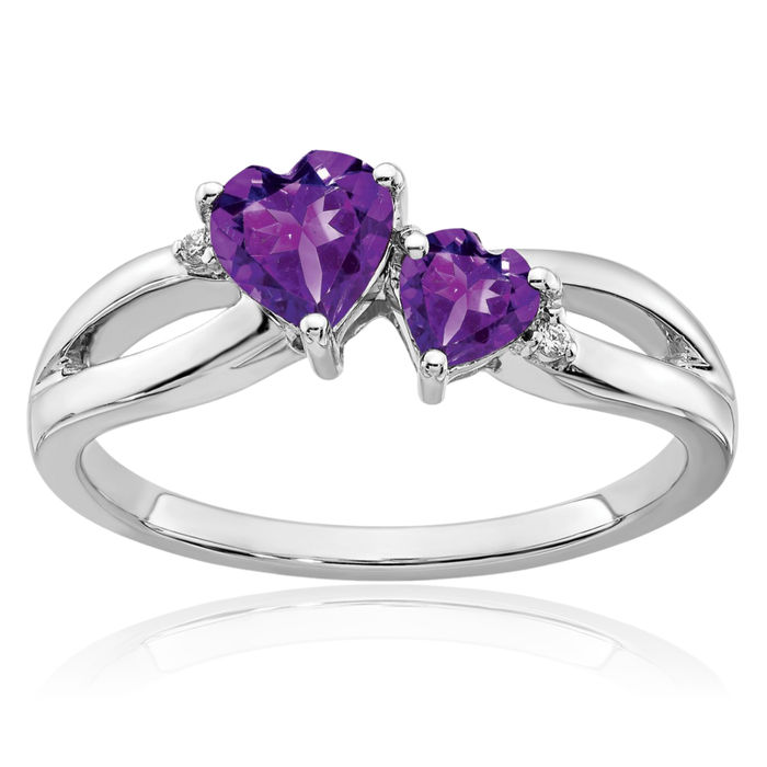 10K Solid White Gold Purple Amethyst Diamond 2 Stone Heart Ring Gemstone Love Band