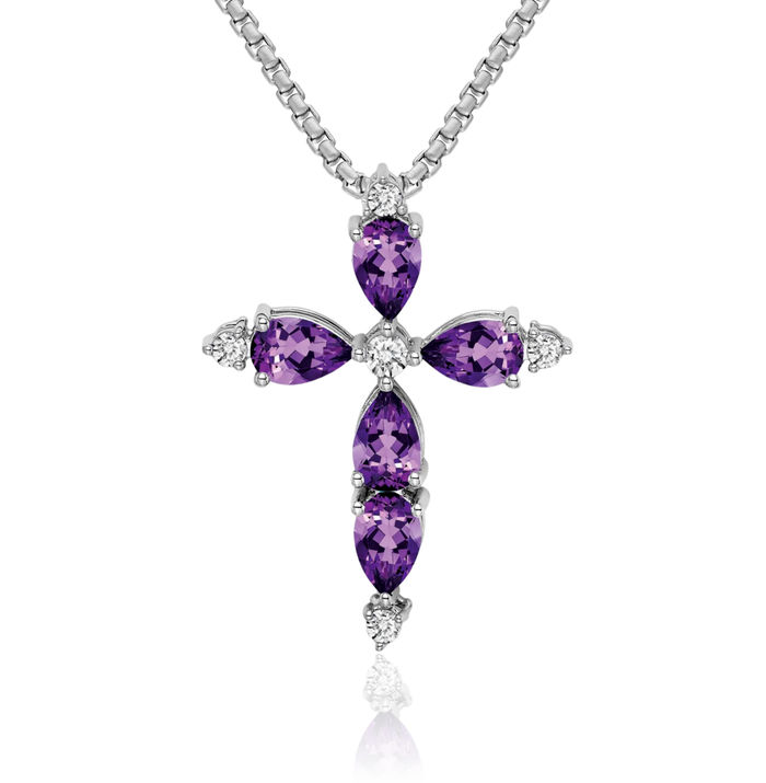 14K Solid White Gold Purple Amethyst Diamond Holy Cross Floating Chain Slide Pendant Necklace Religious Jesus Christ Charm