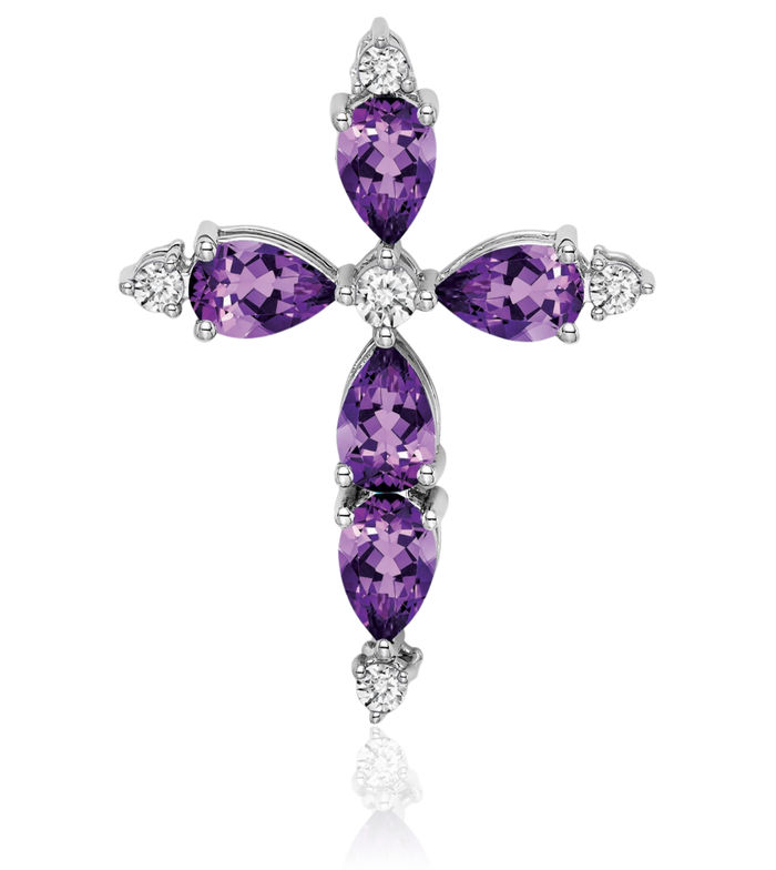 14K Solid White Gold Purple Amethyst Diamond Holy Cross Floating Chain Slide Pendant Necklace Religious Jesus Christ Charm