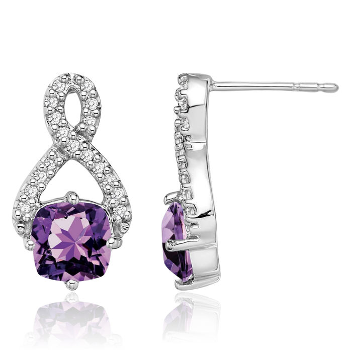 14K Solid White Gold Purple Amethyst Diamond Drop Dangle Earrings Gemstone Post Push Back February Birthstone Jewelry