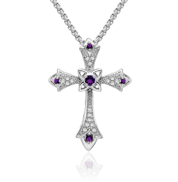 14K Solid White Gold Purple Amethyst Diamond Fleur De Lis Flower Holy Cross Floating Chain Slide Pendant Necklace Religious Jesus Christ Charm