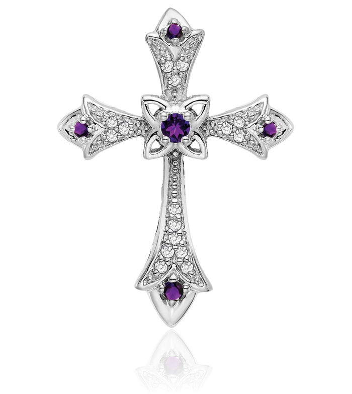 14K Solid White Gold Purple Amethyst Diamond Fleur De Lis Flower Holy Cross Floating Chain Slide Pendant Necklace Religious Jesus Christ Charm