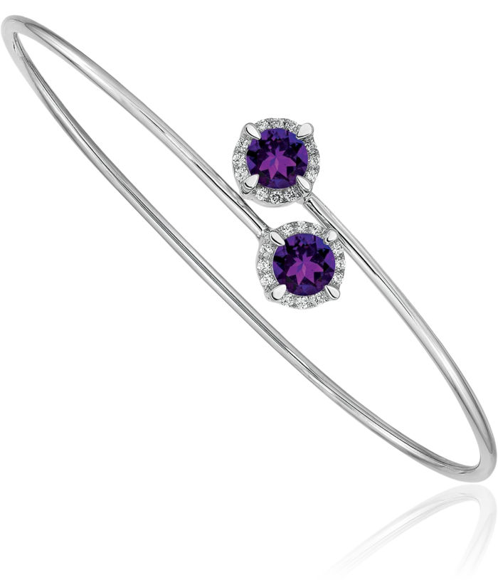 14K Solid White Gold Purple Amethyst Diamond Flexible Gemstone Bangle Bracelet