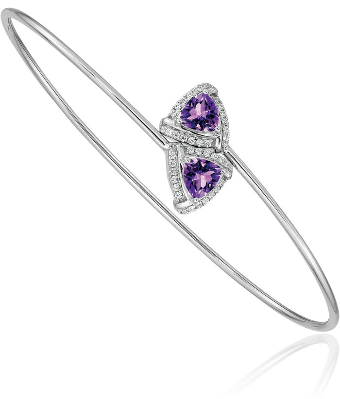 14K Solid White Gold Purple Amethyst Diamond Flexible Bangle Bracelet