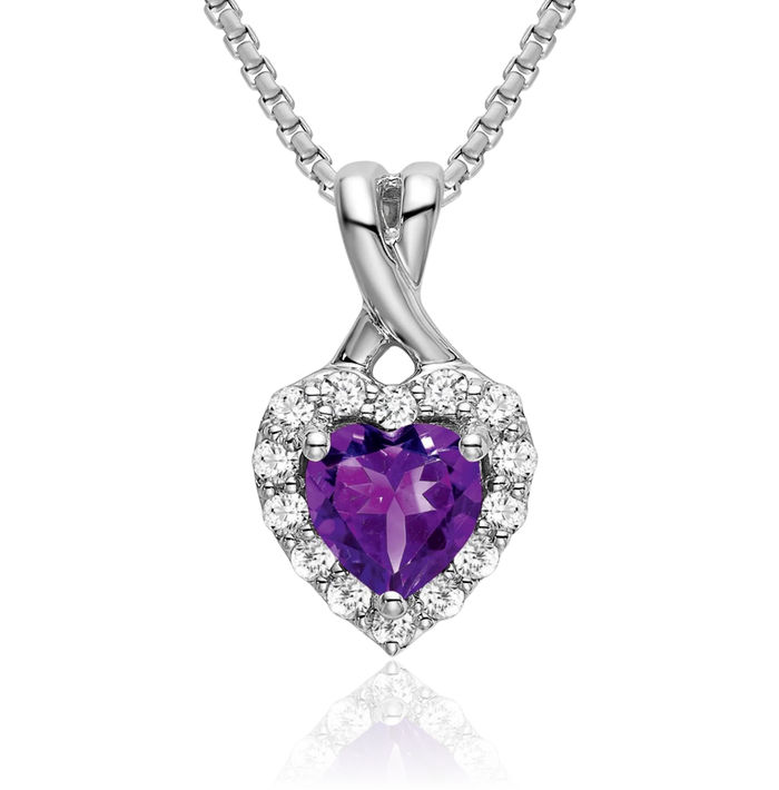 14K Solid White Gold Purple Amethyst Diamond Halo Round Heart Necklace Charm Gemstone Pendant