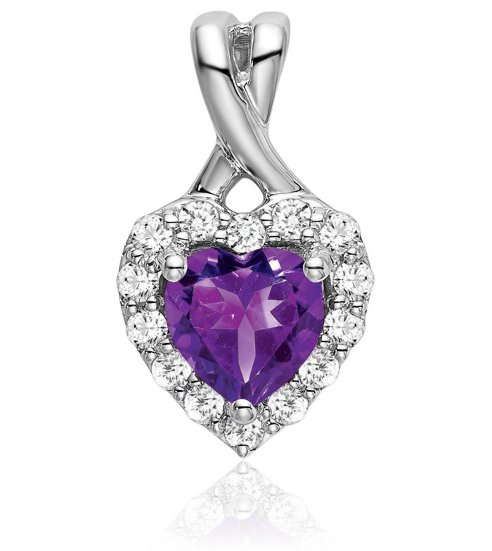 14K Solid White Gold Purple Amethyst Diamond Halo Round Heart Necklace Charm Gemstone Pendant