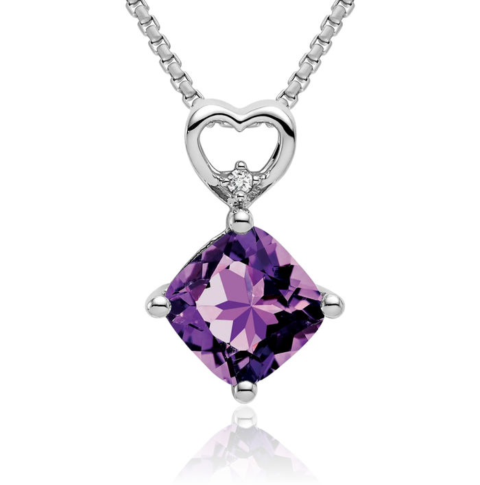 14K Solid White Gold Purple Amethyst Diamond Heart Floating Chain Slide Gemstone Pendant Necklace Charm February Birthstone Jewelry