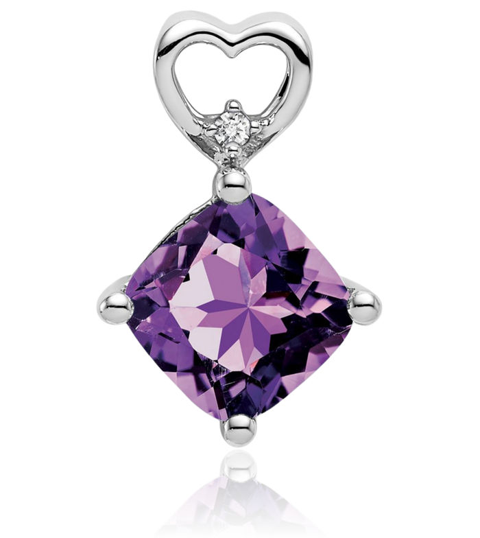 14K Solid White Gold Purple Amethyst Diamond Heart Floating Chain Slide Gemstone Pendant Necklace Charm February Birthstone Jewelry