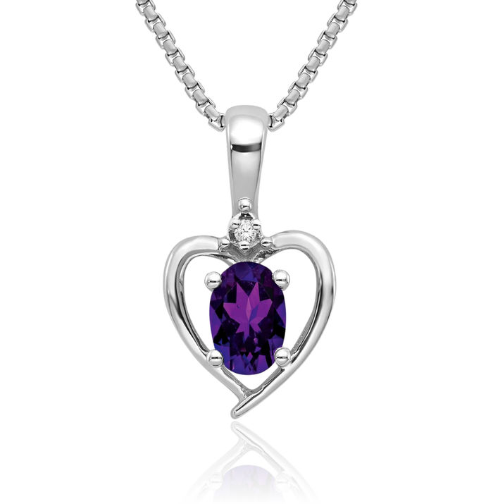 14K Solid White Gold Purple Amethyst Diamond Heart Necklace Gemstone Pendant Charm February Birthstone Jewelry