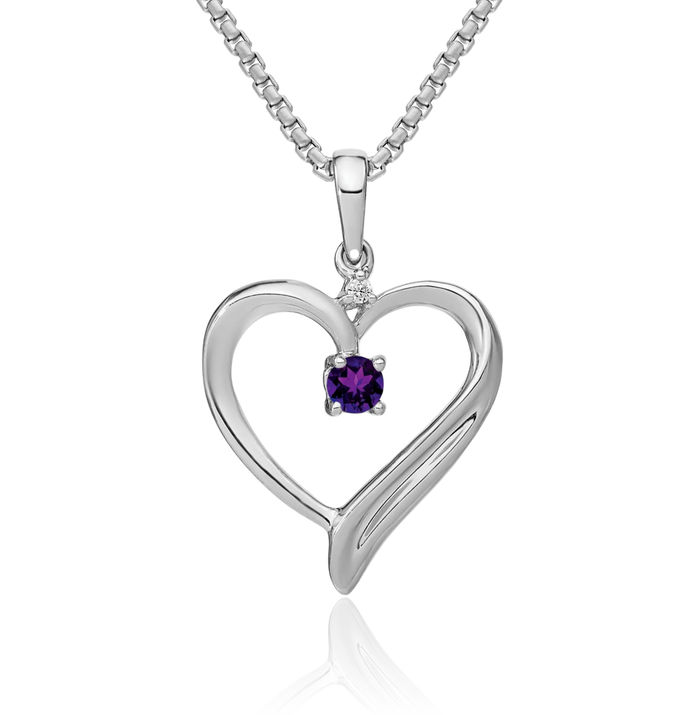 14K Solid White Gold Purple Amethyst Diamond Heart Necklace Charm Gemstone Pendant