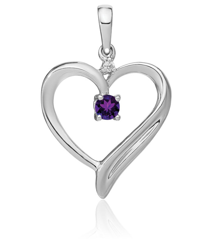 14K Solid White Gold Purple Amethyst Diamond Heart Necklace Charm Gemstone Pendant