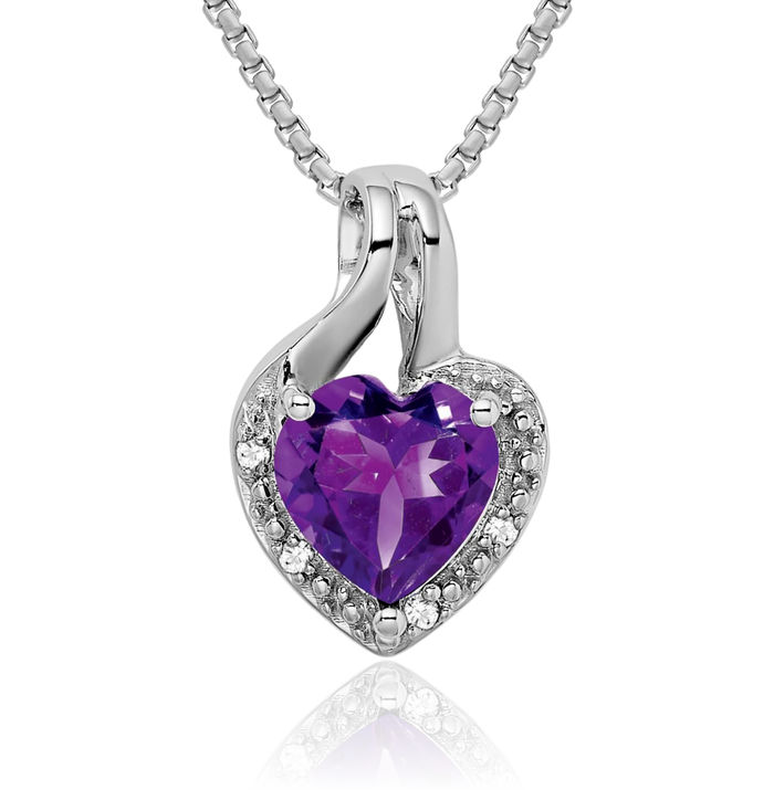 14K Solid White Gold Purple Amethyst Diamond Heart Necklace Charm Gemstone Pendant