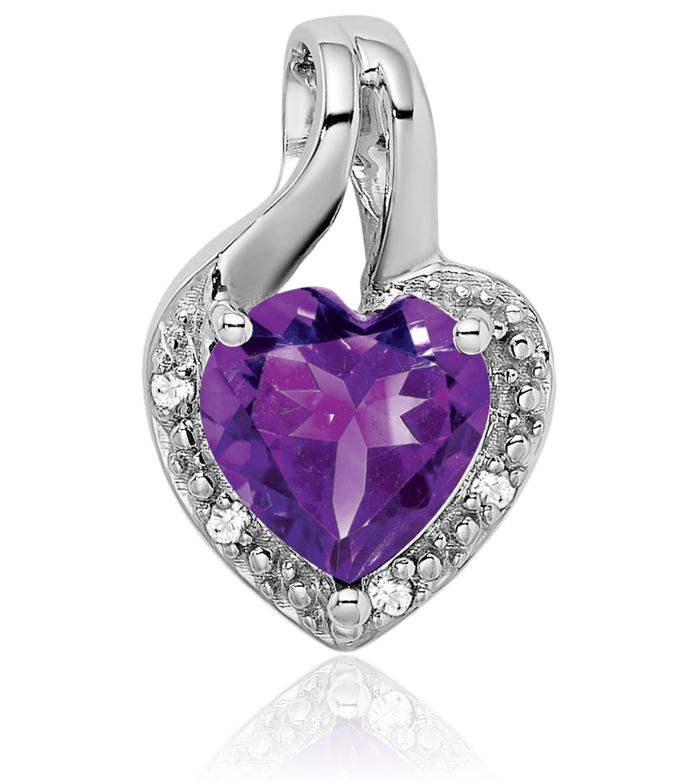 14K Solid White Gold Purple Amethyst Diamond Heart Necklace Charm Gemstone Pendant