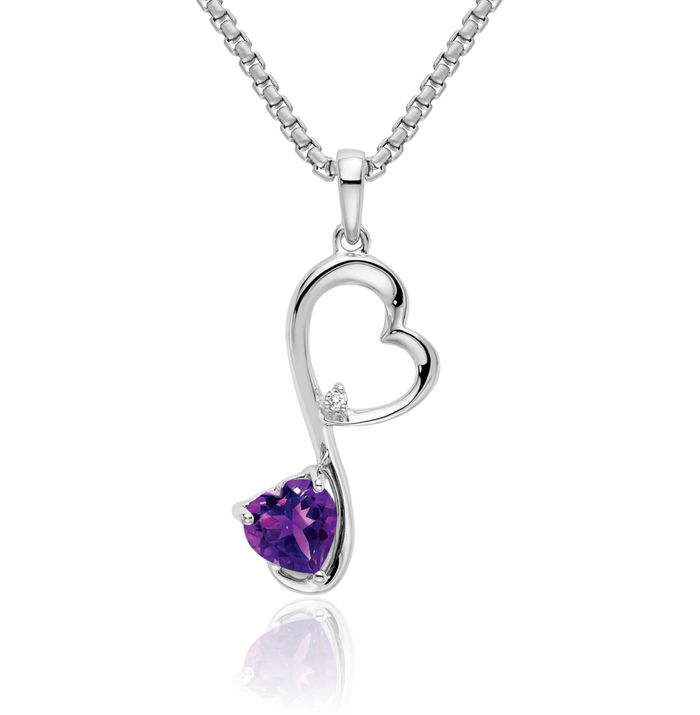 14K Solid White Gold Purple Amethyst Diamond Heart Necklace Charm Gemstone Pendant