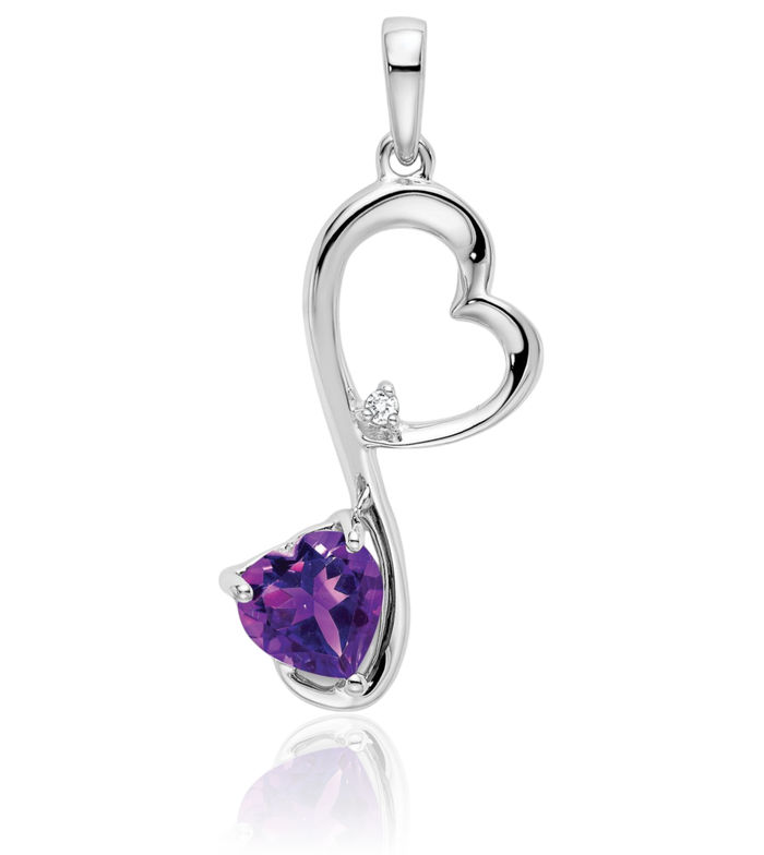 14K Solid White Gold Purple Amethyst Diamond Heart Necklace Charm Gemstone Pendant