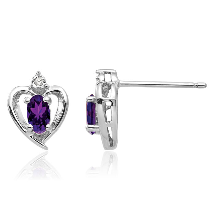 14K Solid White Gold Purple Amethyst Diamond Heart Stud Earrings February Birthstone Jewelry