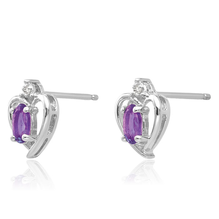 14K Solid White Gold Purple Amethyst Diamond Heart Stud Earrings February Birthstone Jewelry