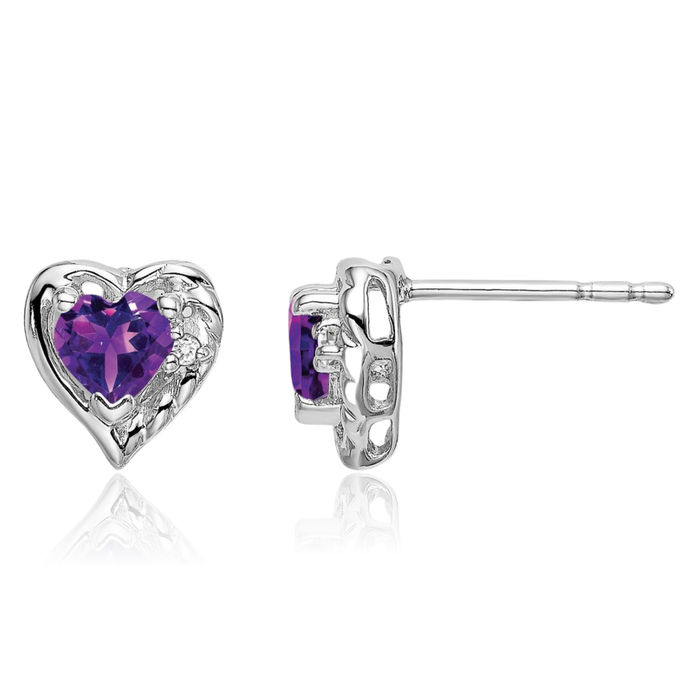 14K Solid White Gold Purple Amethyst Diamond Heart Stud Earrings February Birthstone Jewelry