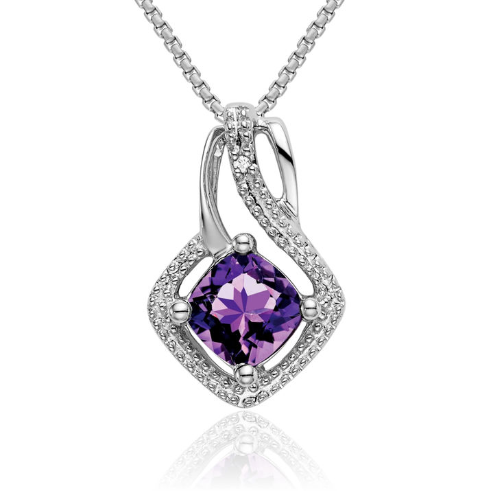 14K Solid White Gold Purple Amethyst Diamond Necklace Charm Gemstone Pendant