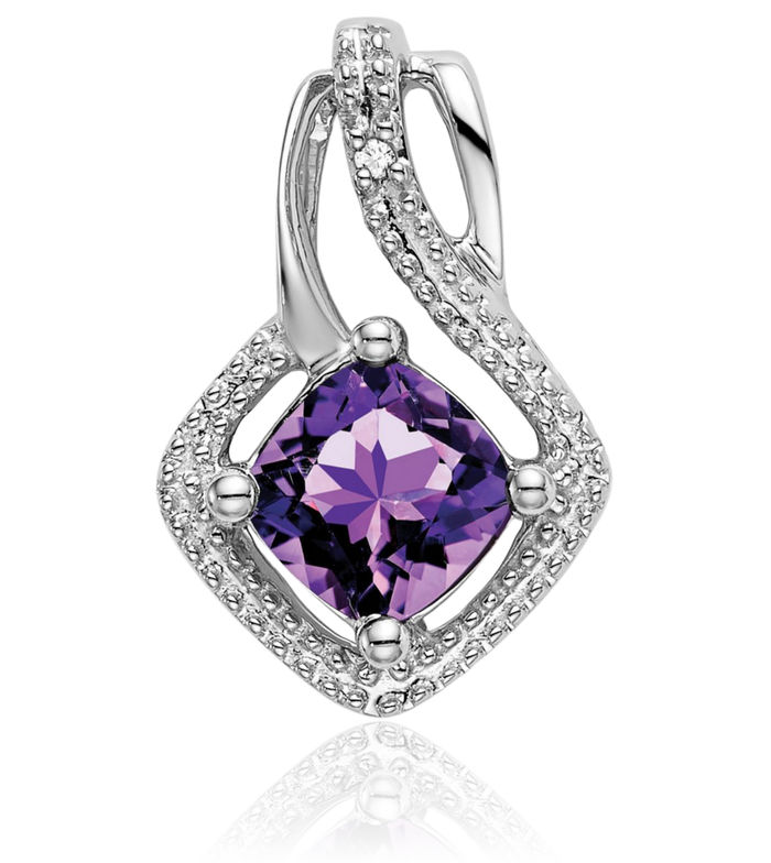 14K Solid White Gold Purple Amethyst Diamond Necklace Charm Gemstone Pendant