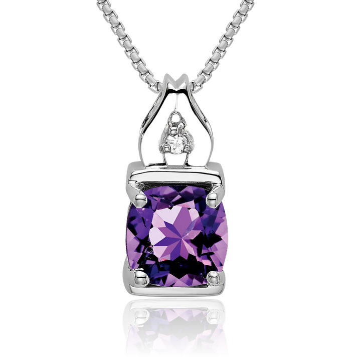 14K Solid White Gold Purple Amethyst Diamond Necklace Charm Gemstone Pendant