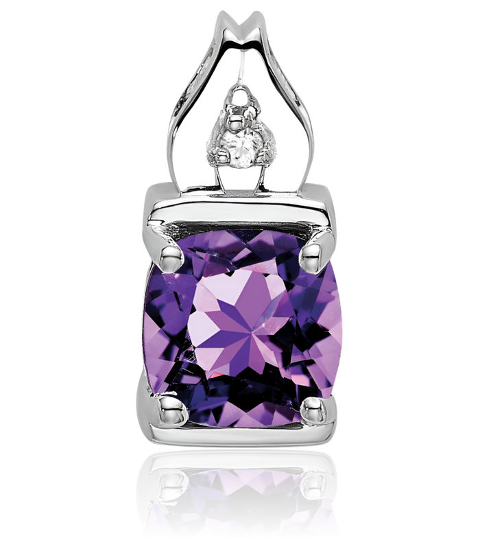 14K Solid White Gold Purple Amethyst Diamond Necklace Charm Gemstone Pendant