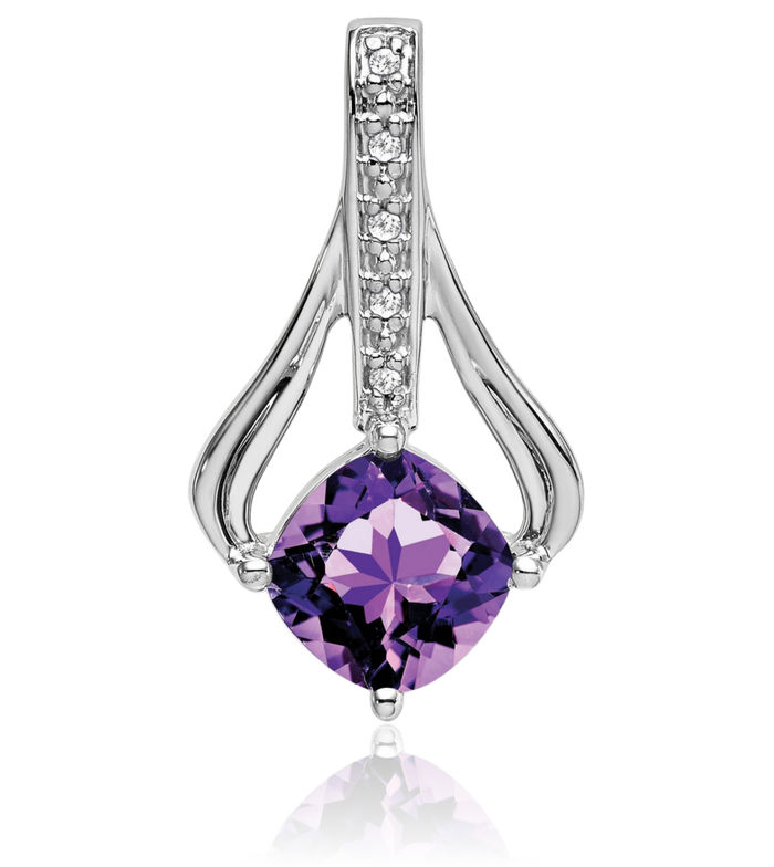 14K Solid White Gold Purple Amethyst Diamond Necklace Charm Gemstone Pendant