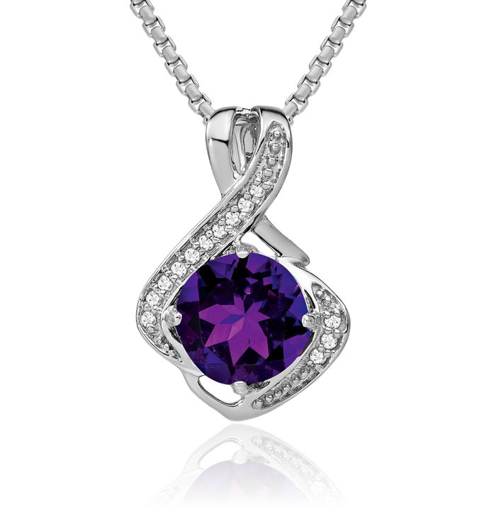 14K Solid White Gold Purple Amethyst Diamond Necklace Charm Gemstone Pendant