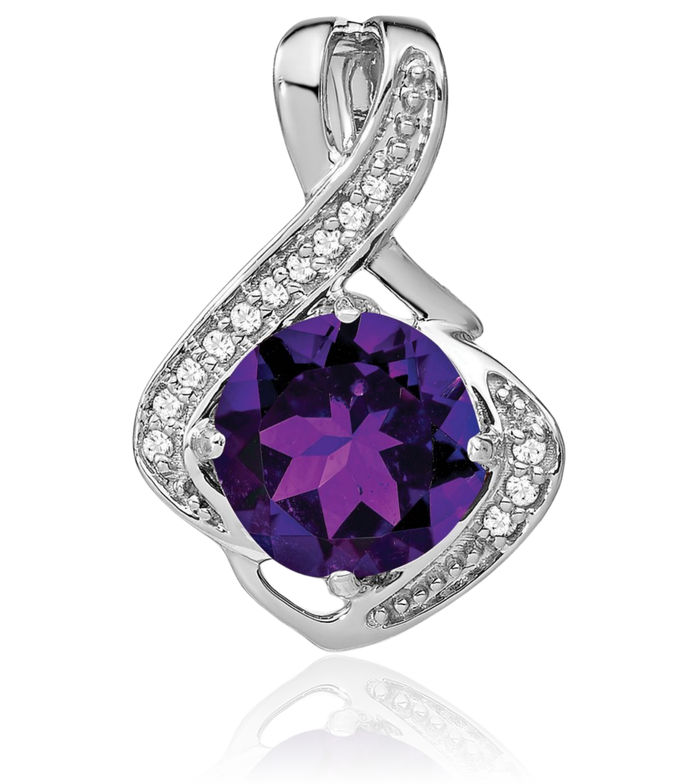 14K Solid White Gold Purple Amethyst Diamond Necklace Charm Gemstone Pendant