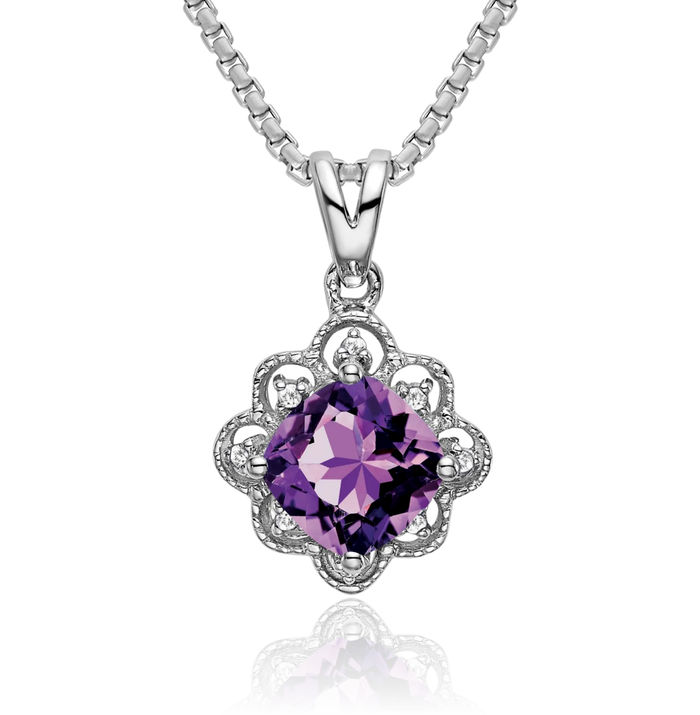 14K Solid White Gold Purple Amethyst Diamond Necklace Charm Gemstone Pendant