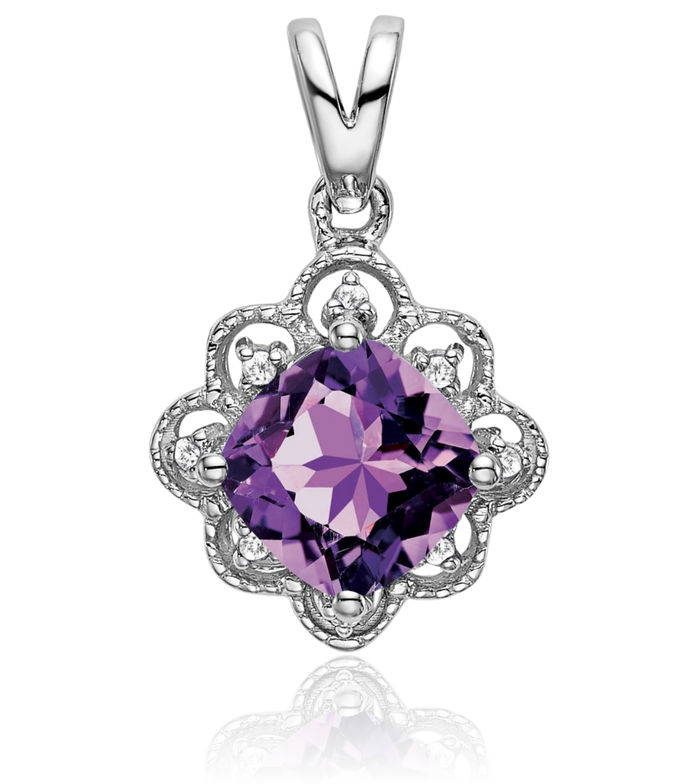 14K Solid White Gold Purple Amethyst Diamond Necklace Charm Gemstone Pendant