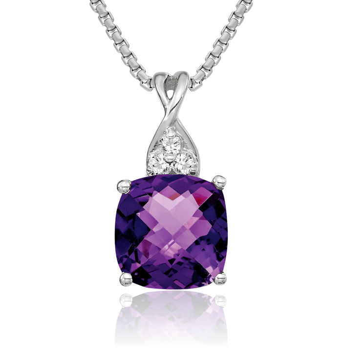 14K Solid White Gold Purple Amethyst Diamond Necklace Gemstone Pendant Charm February Birthstone Jewelry