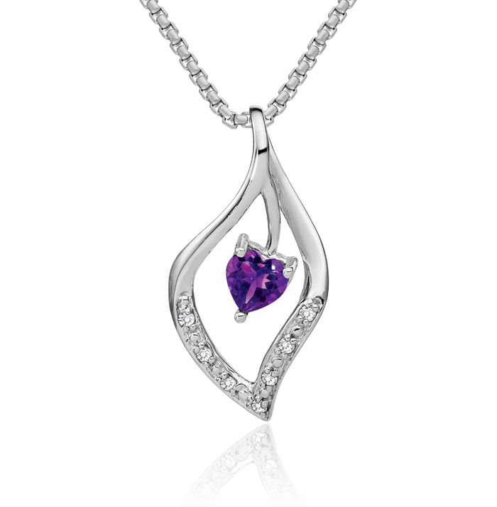 14K Solid White Gold Purple Amethyst Diamond Necklace Heart Charm Gemstone Pendant