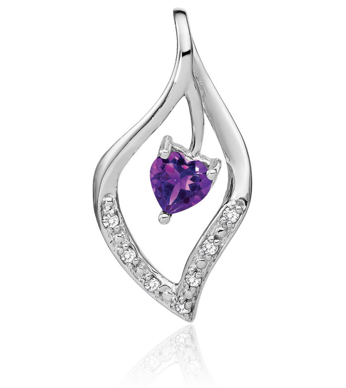 14K Solid White Gold Purple Amethyst Diamond Necklace Heart Charm Gemstone Pendant